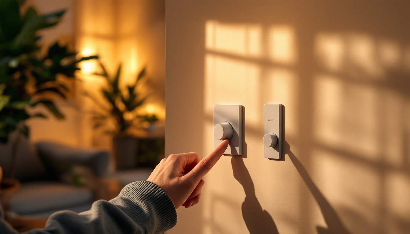 A photograph of a stylishly designed living space featuring modern light switch dimmers in action