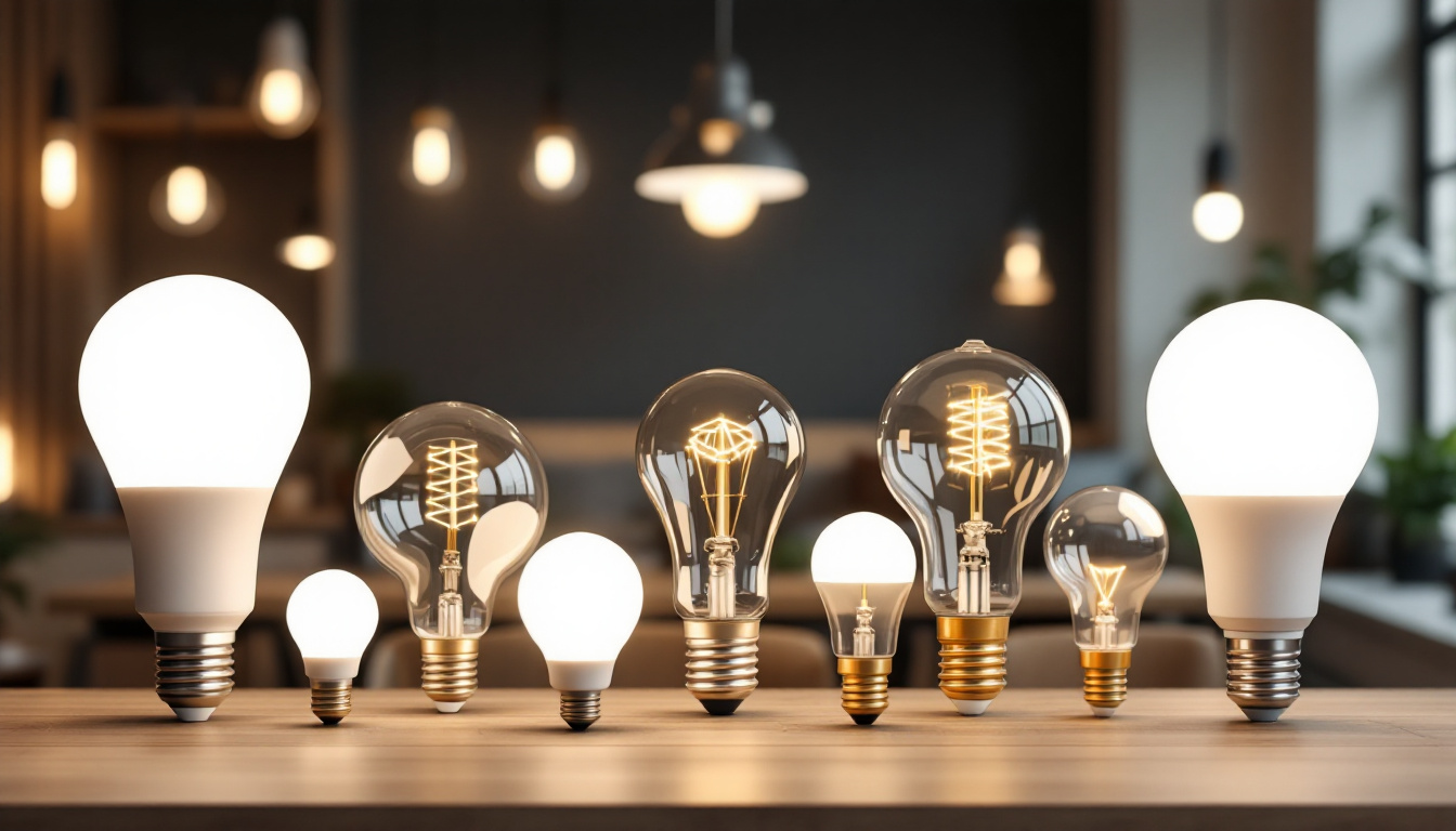 A photograph of a stylishly arranged display of various light bulb base sizes