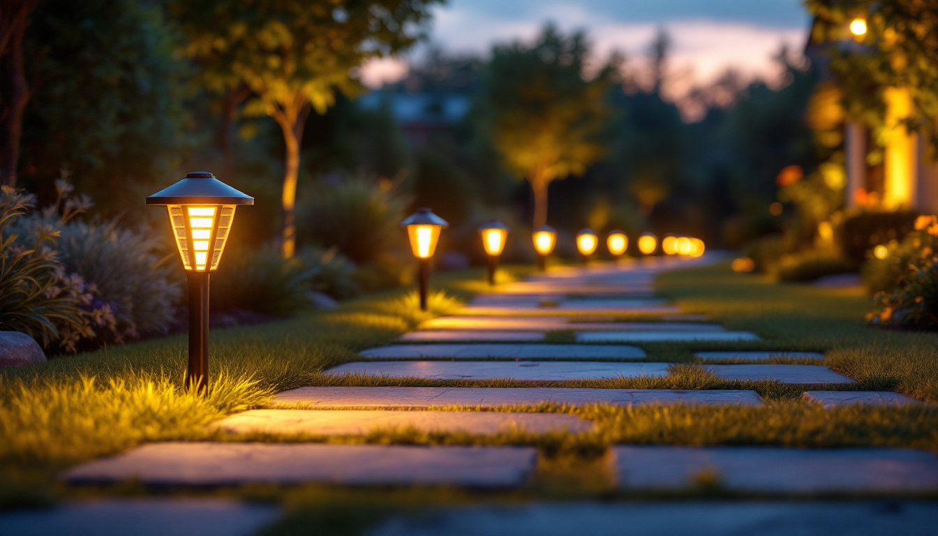 A photograph of a beautifully illuminated solar pathway lined with led lights at dusk