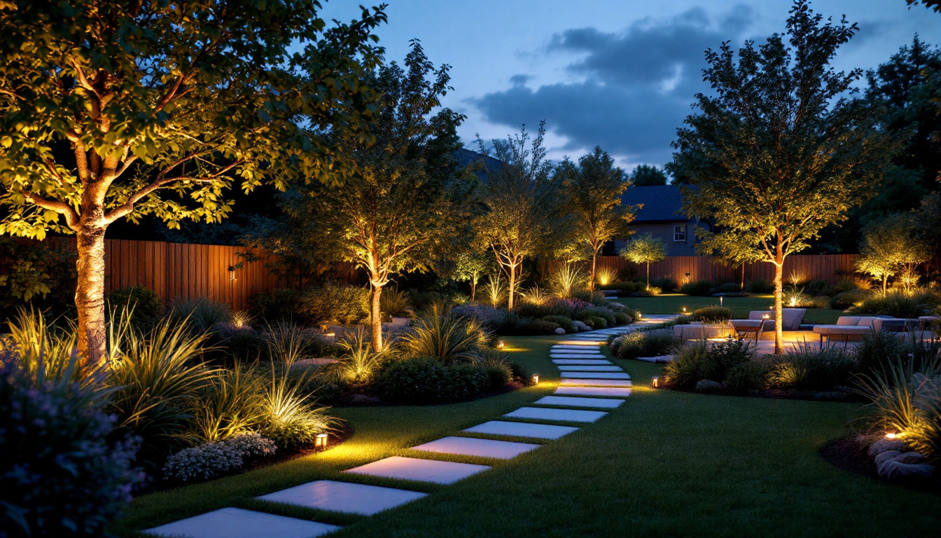A photograph of a beautifully illuminated outdoor space featuring landscape led lighting