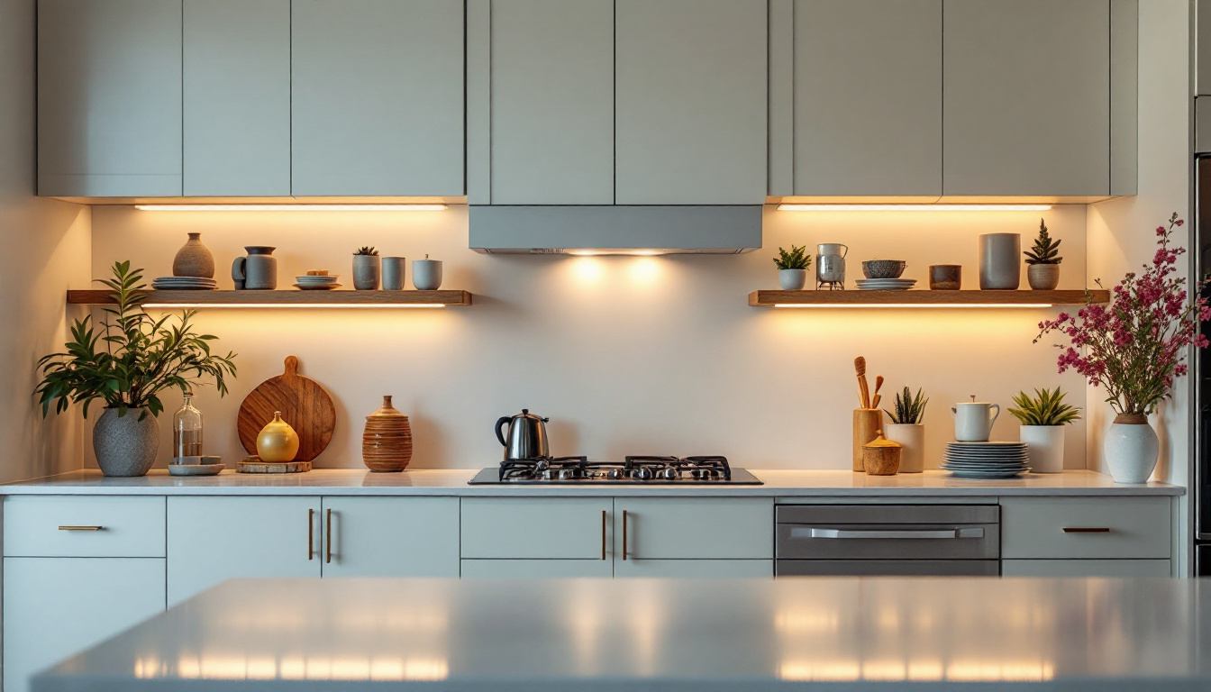 A photograph of a beautifully lit kitchen showcasing above-cabinet lighting that highlights decorative items