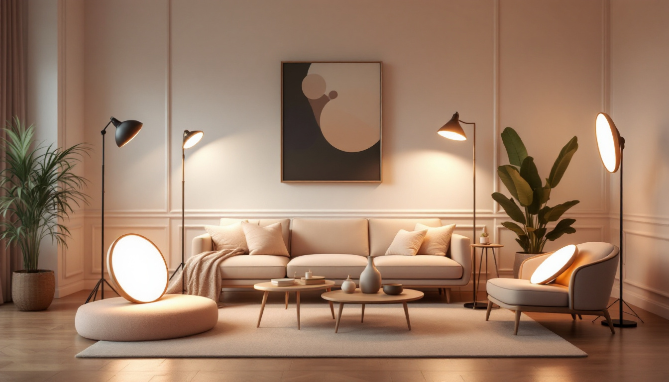 A photograph of a beautifully designed interior space showcasing six wafer lights in various creative arrangements