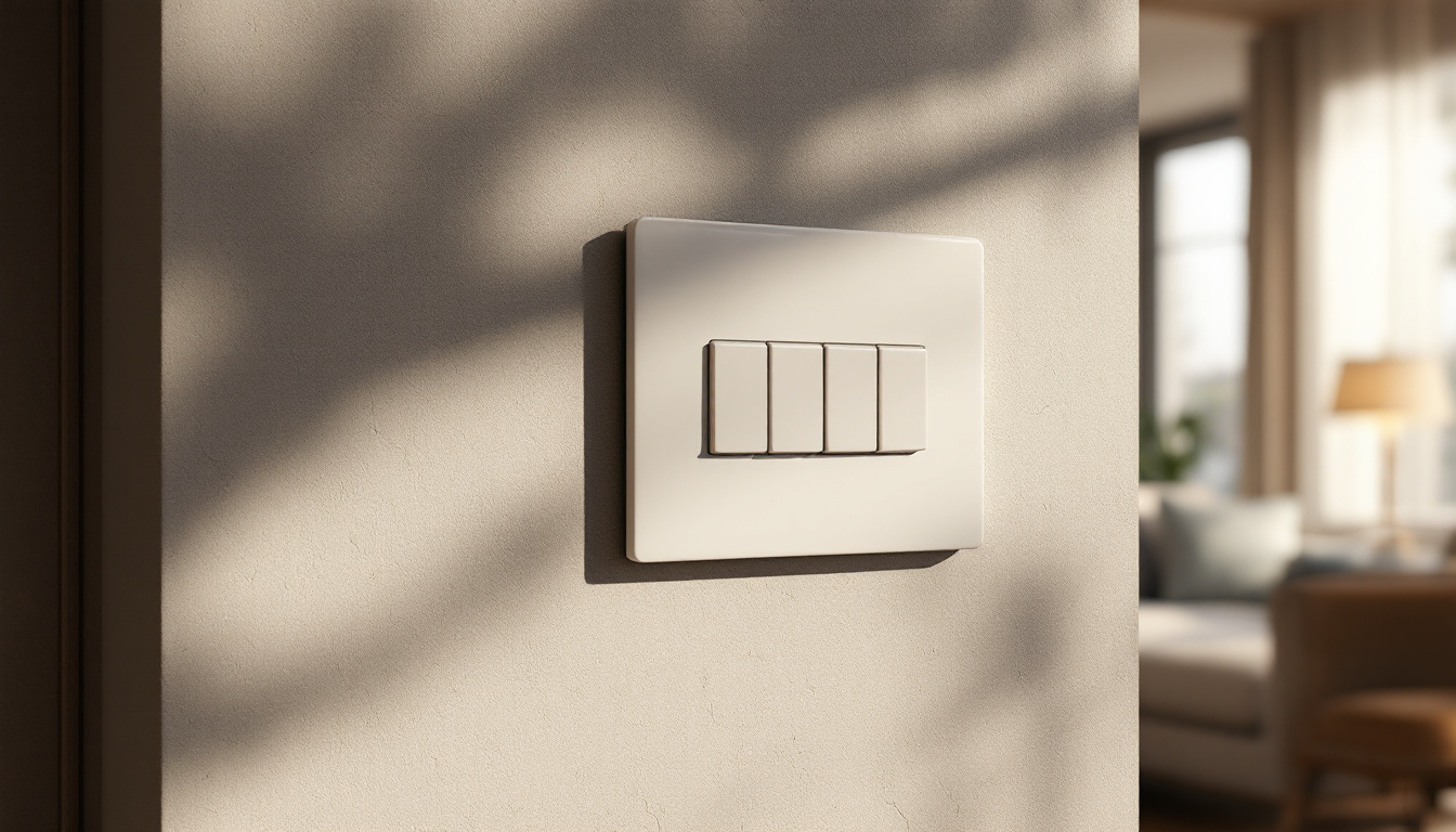 A photograph of a stylishly designed three-way electrical switch in an elegantly lit room