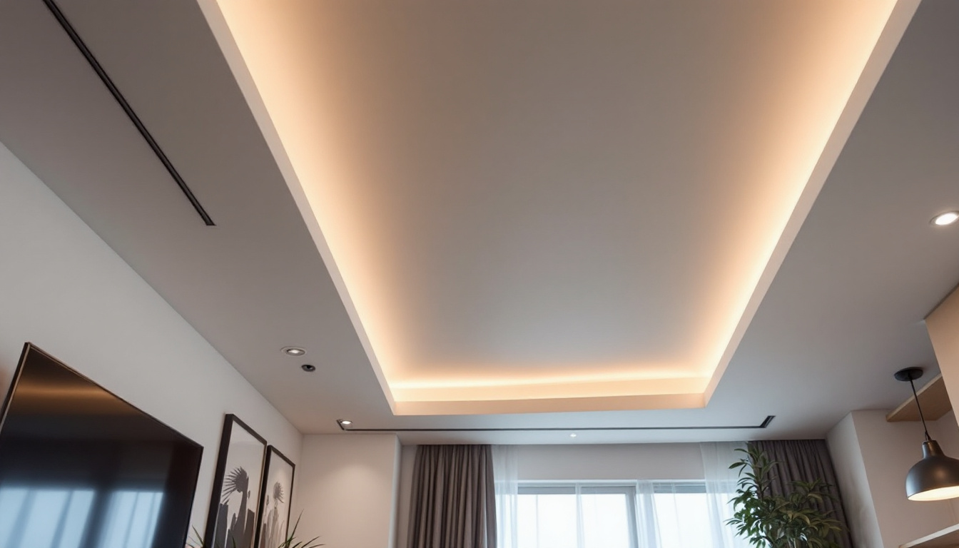A photograph of a modern interior space featuring a stylish contemporary drop ceiling