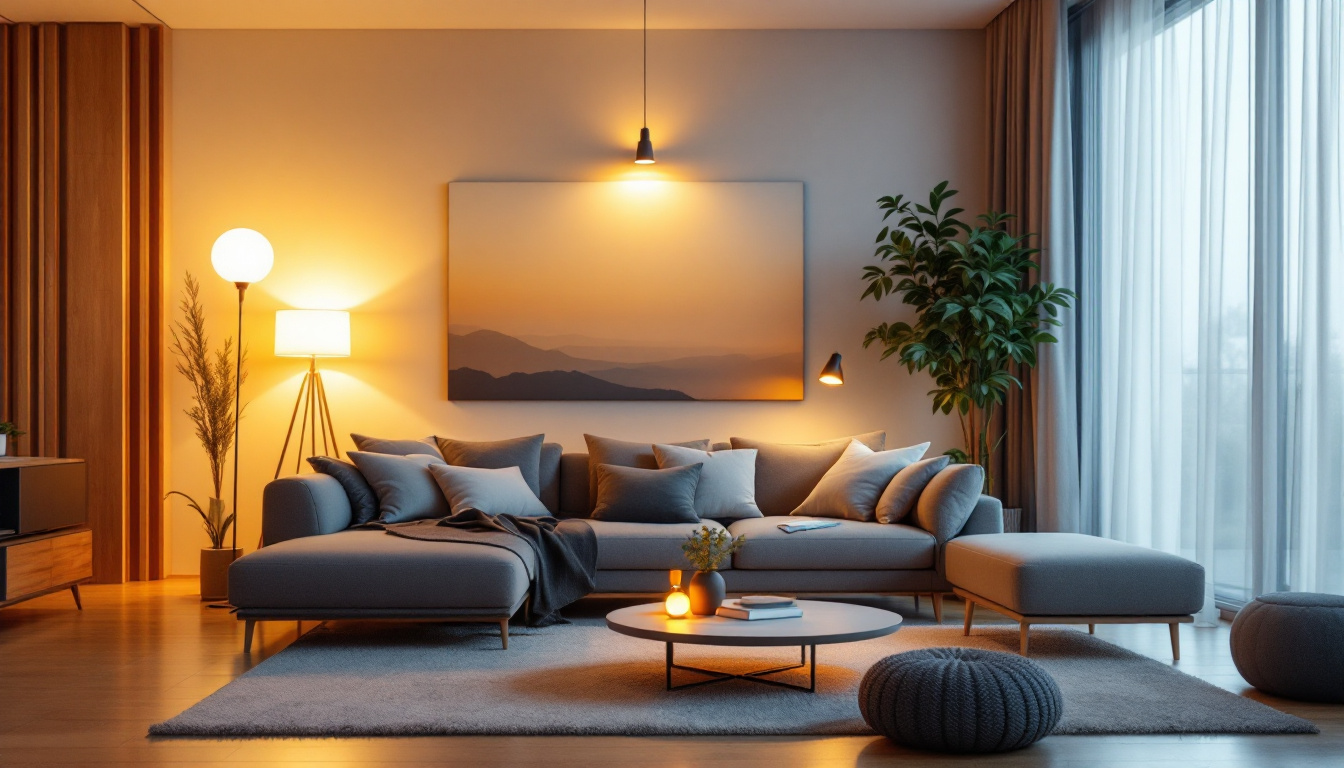 A photograph of a modern living space showcasing various dimmable led lights in different settings