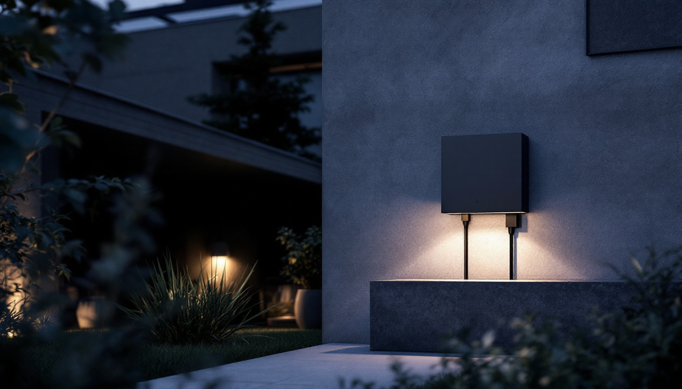 A photograph of a beautifully designed outdoor space featuring a stylish outdoor box for plugs seamlessly integrated into an elegant lighting setup