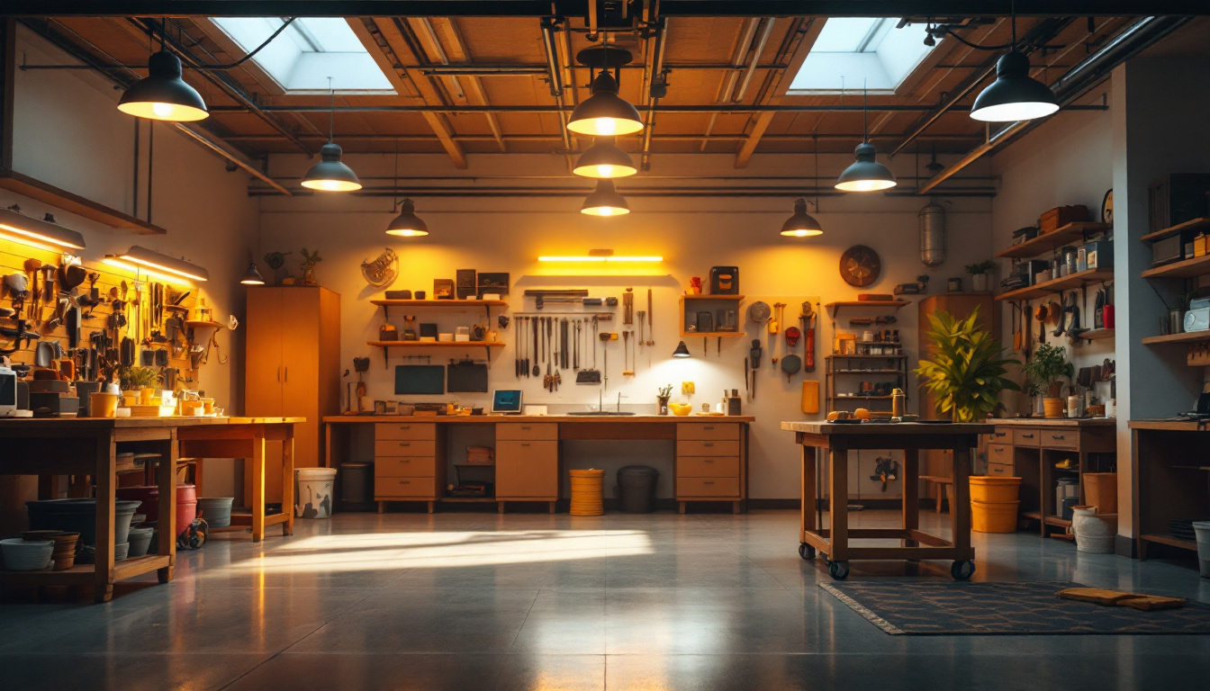 A photograph of a well-lit garage showcasing overhead lights in action