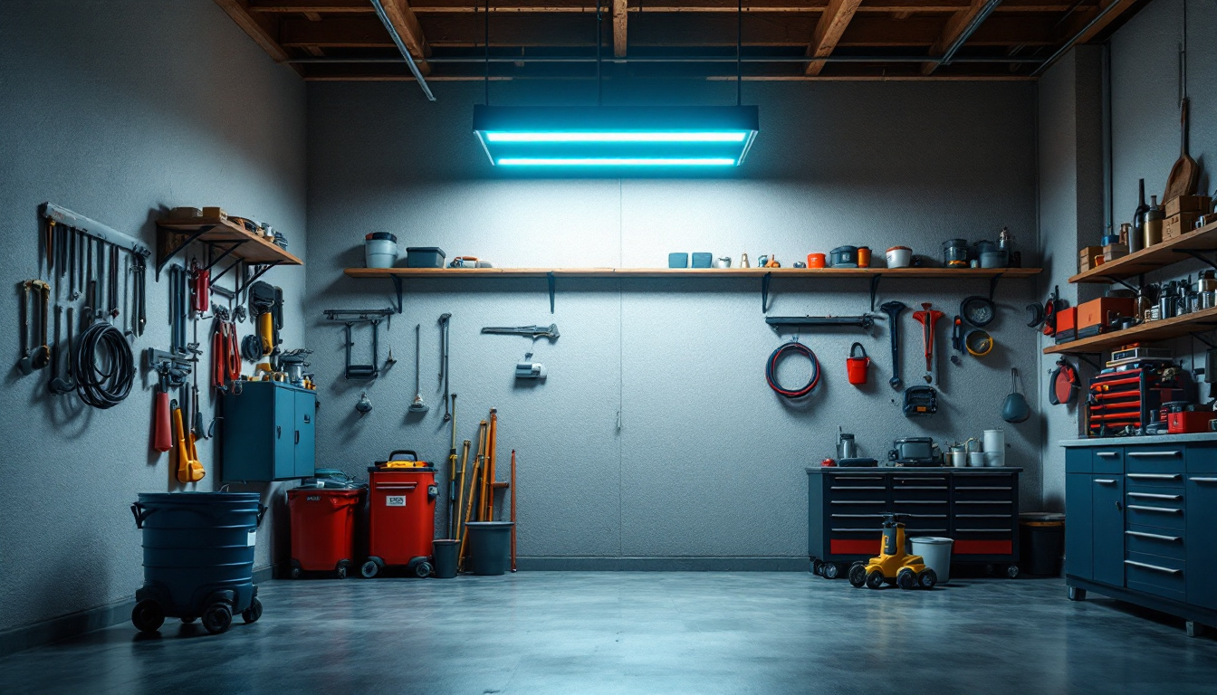 A photograph of a well-lit garage showcasing a modern led light fixture illuminating the workspace
