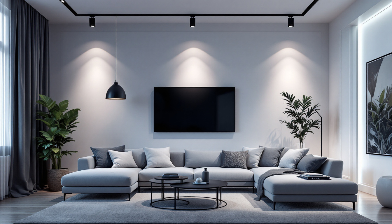 A photograph of a modern living room featuring stylish recessed can lights illuminating various design elements