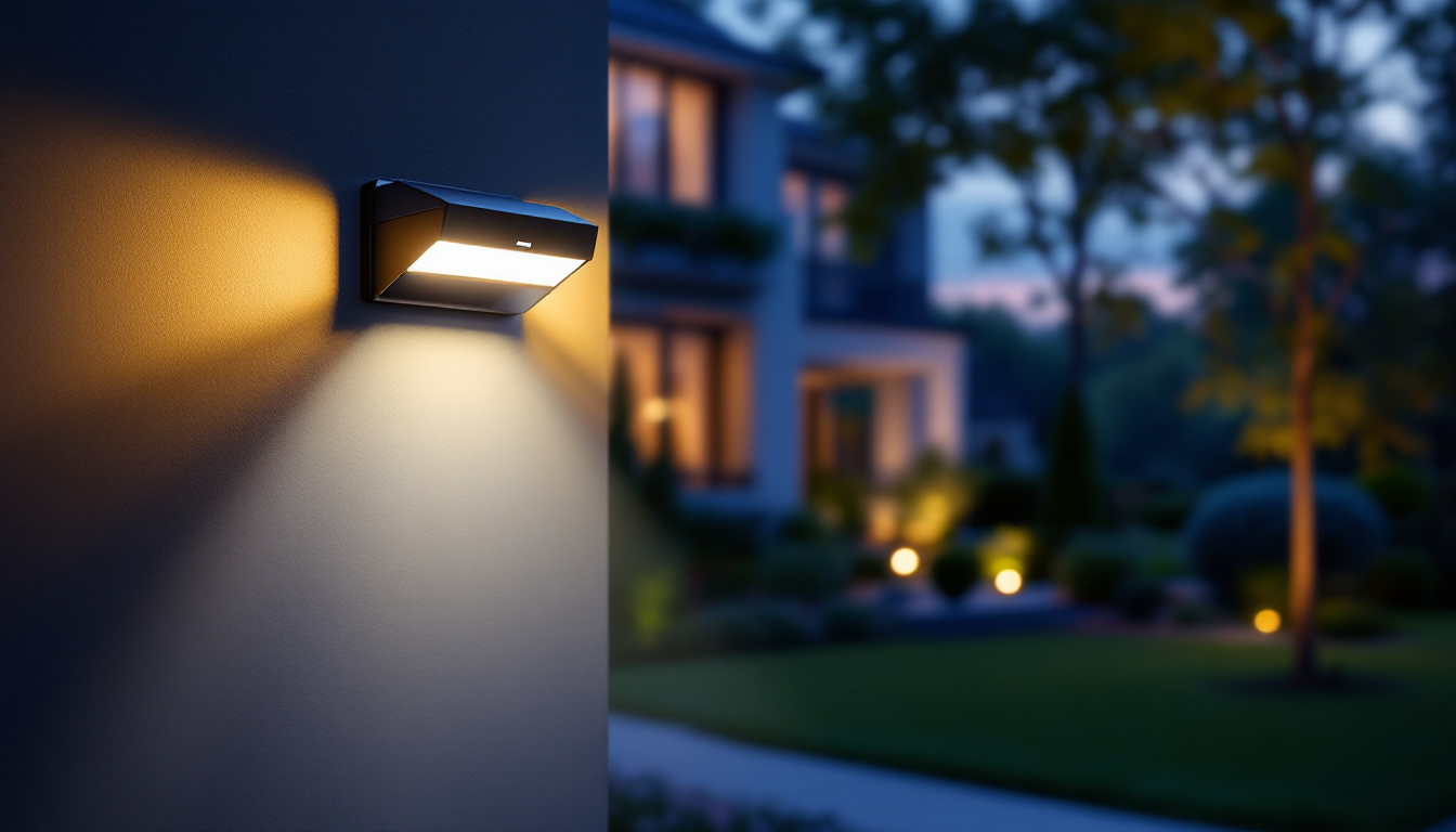A photograph of a modern outdoor security light illuminating a beautifully landscaped yard at dusk