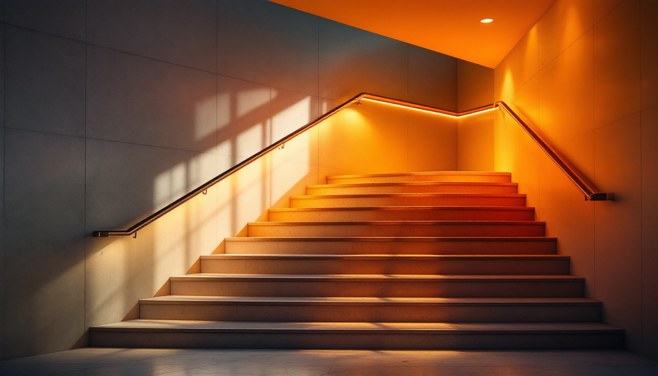 A photograph of a beautifully lit indoor stairway