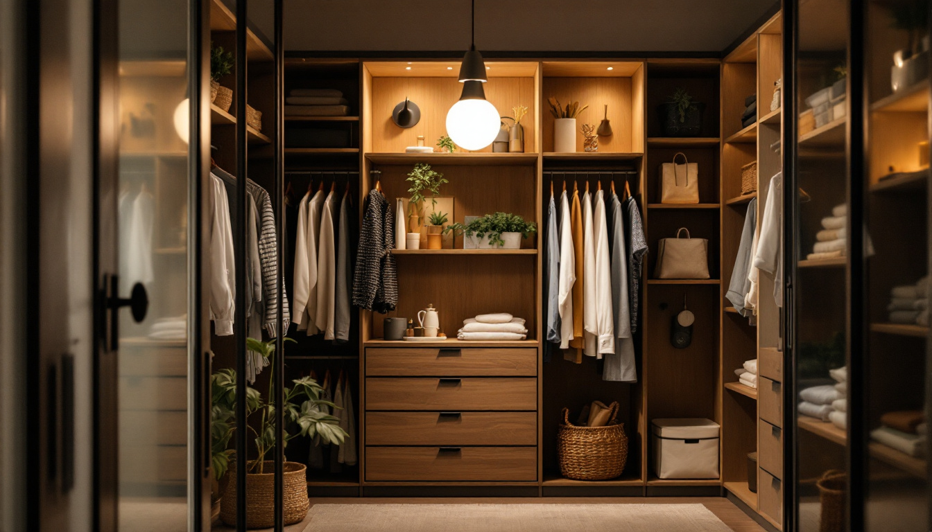 A photograph of a well-lit closet showcasing energy-efficient light fixtures