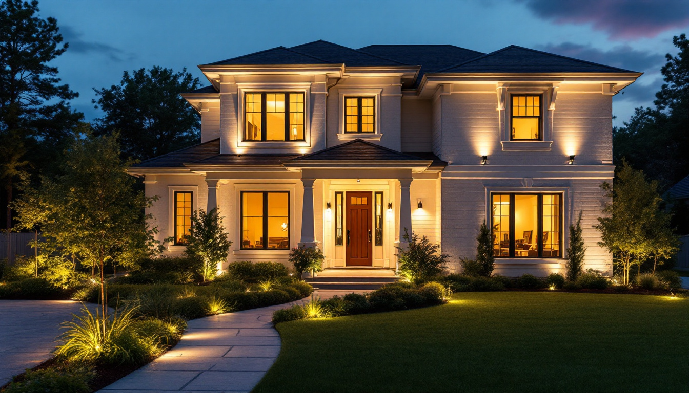 A photograph of a beautifully illuminated front of a house at dusk