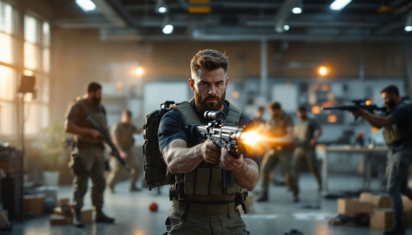 A photograph of a dynamic scene showcasing a diverse group of individuals engaged in various practical applications of ballistics