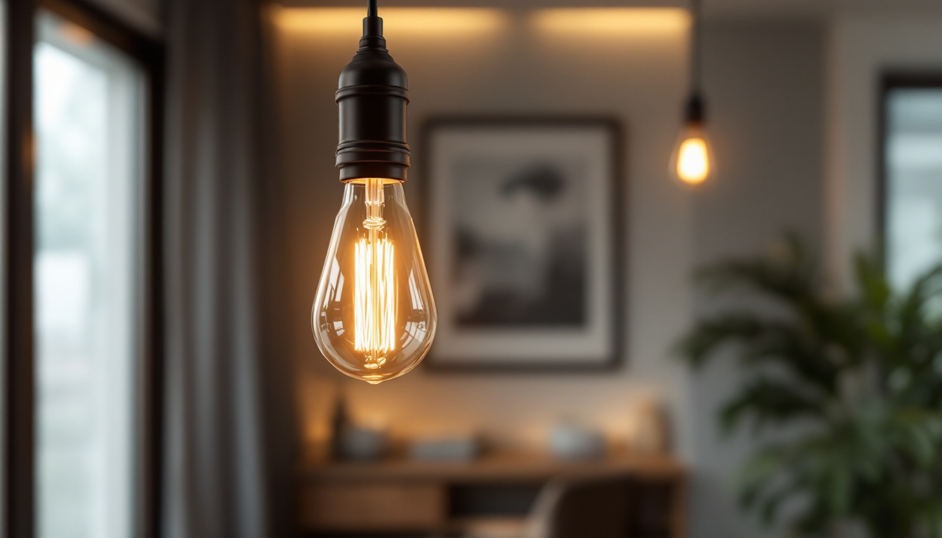 A photograph of a stylish and modern light bulb pendant lamp in an elegantly designed interior setting