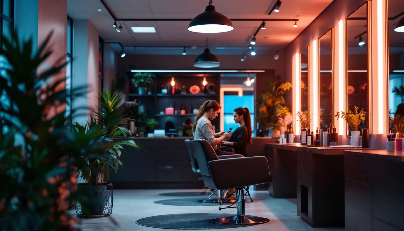 A photograph of a modern hair salon interior featuring a stylist working under innovative