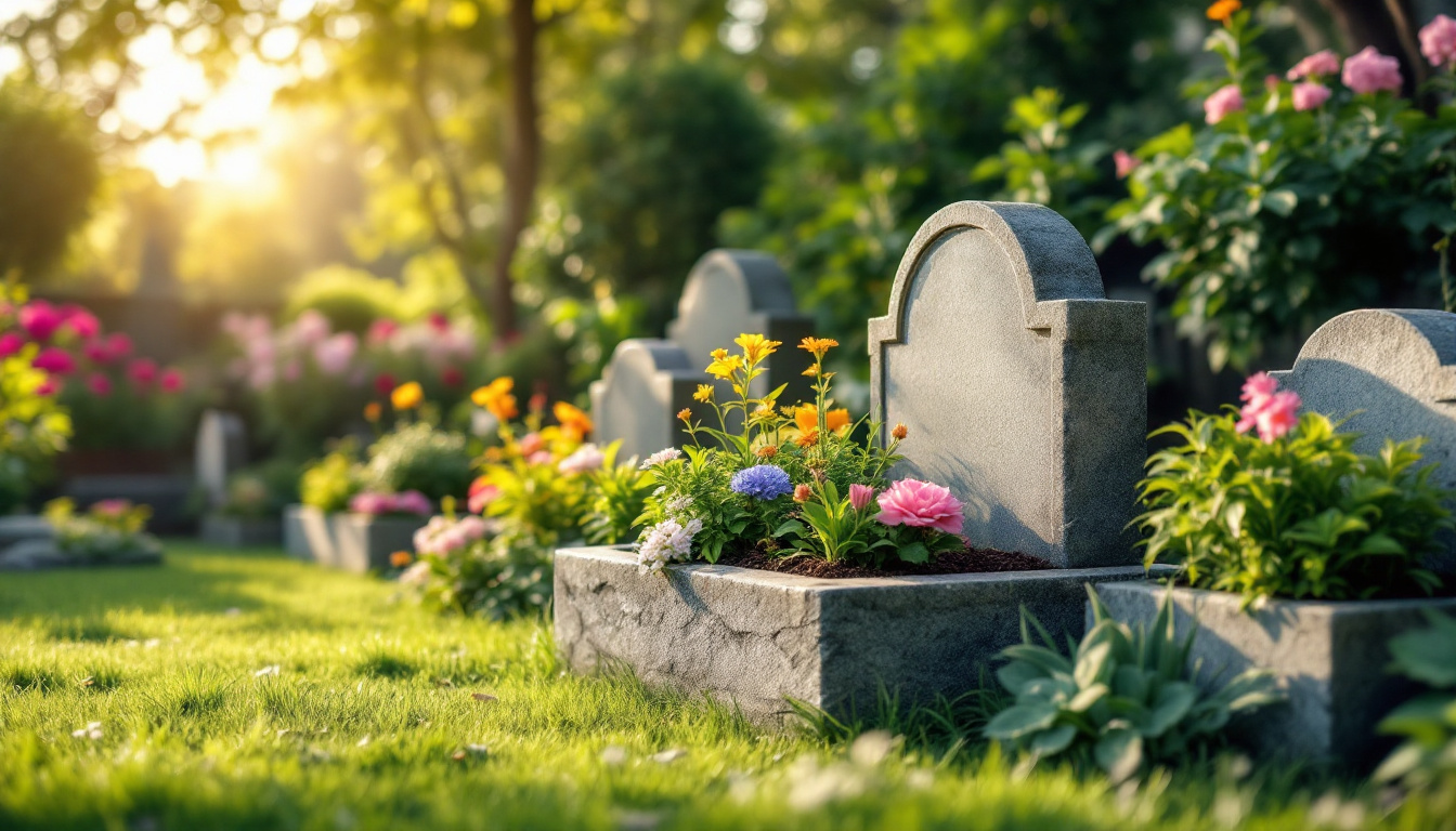 A photograph of a beautifully arranged outdoor space featuring non-shunted tombstones creatively repurposed as unique garden planters or decorative elements