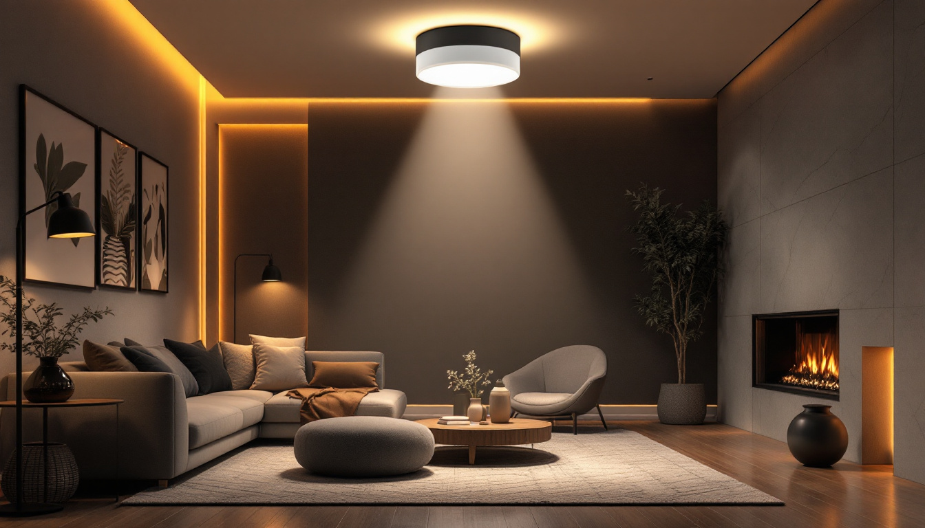 A photograph of a stylishly designed room featuring a motion detector ceiling light in action