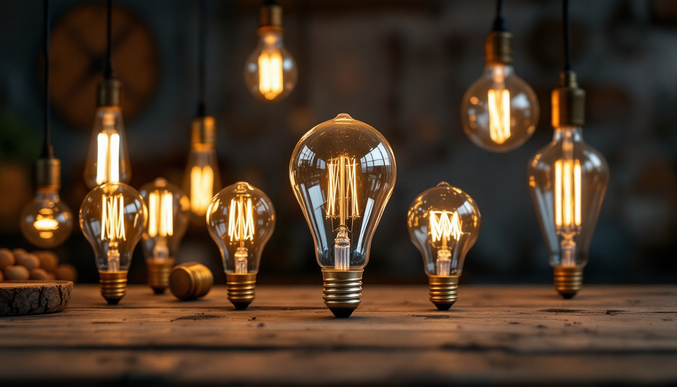 A photograph of a beautifully arranged display of various vintage-style light bulbs