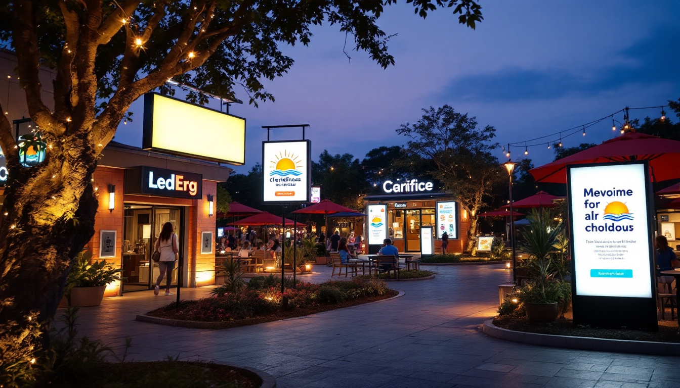 A photograph of a vibrant outdoor setting showcasing a variety of led exterior signage in use