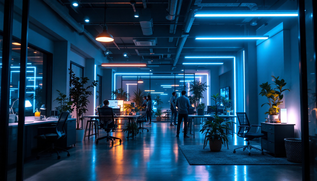 A photograph of a modern office space illuminated by various innovative led lighting solutions