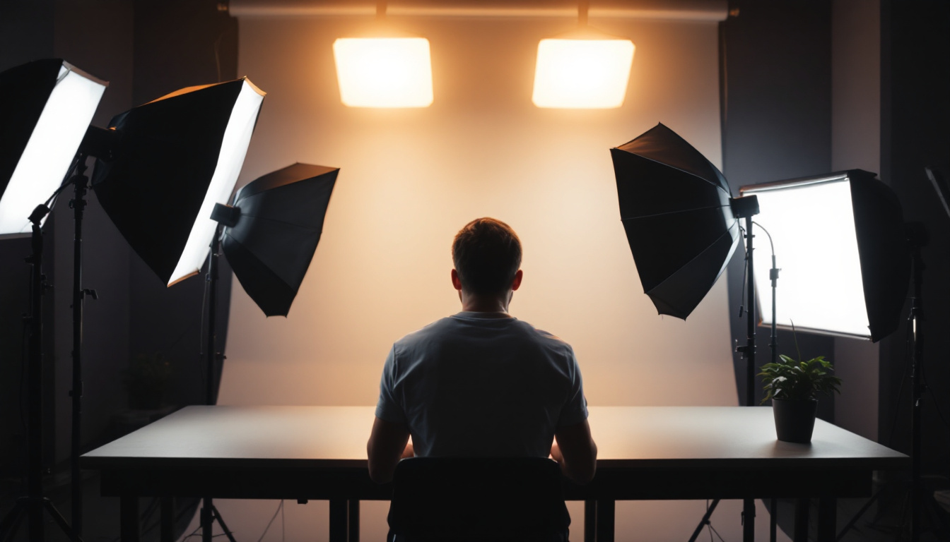 A photograph of a well-lit studio setup showcasing various types of lighting diffusers in use
