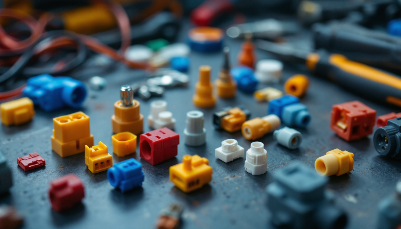 A photograph of a close-up shot of various electrical wiring connectors arranged aesthetically on a workbench