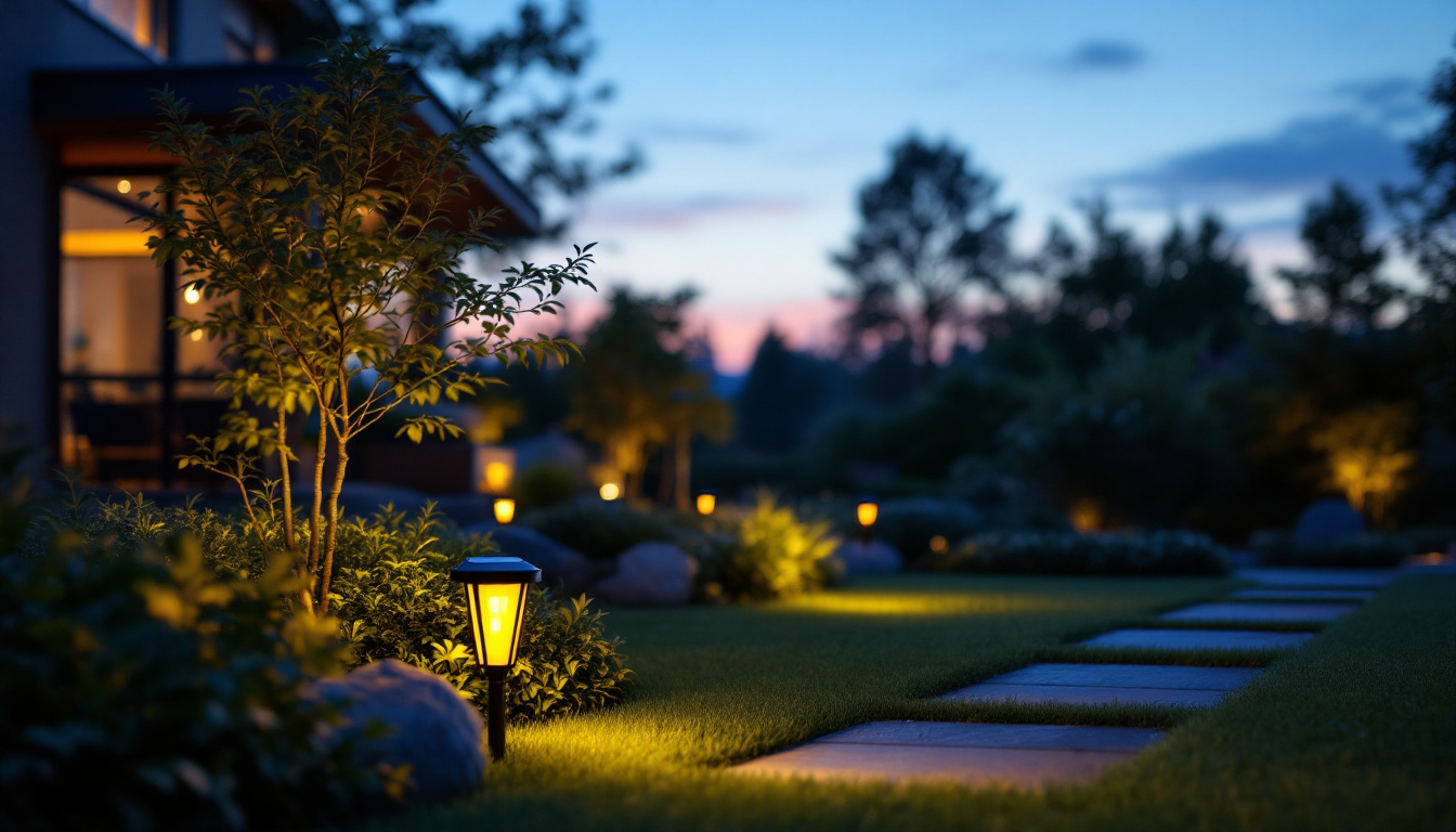 A photograph of capture a photograph of a beautifully illuminated outdoor space featuring various solar lights
