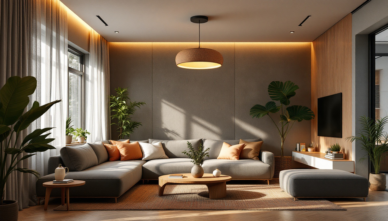 A photograph of a stylish living room featuring an energy-efficient ceiling light fixture that highlights the room's ambiance