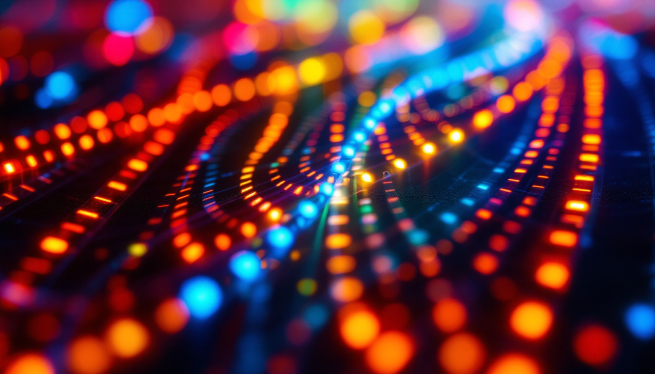 A photograph of a close-up of vibrant led light shoe tracks illuminating a dark surface