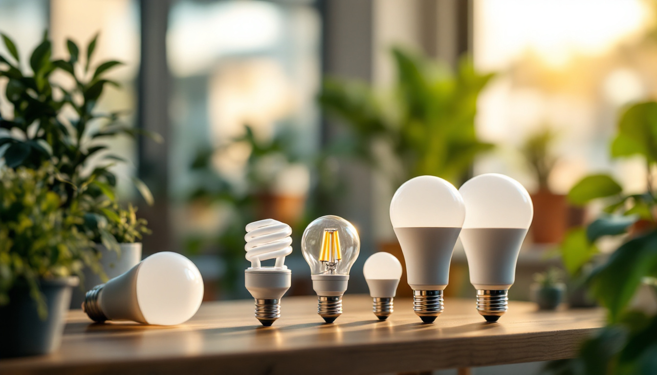 A photograph of a variety of led bulbs displayed in an environmentally-friendly setting
