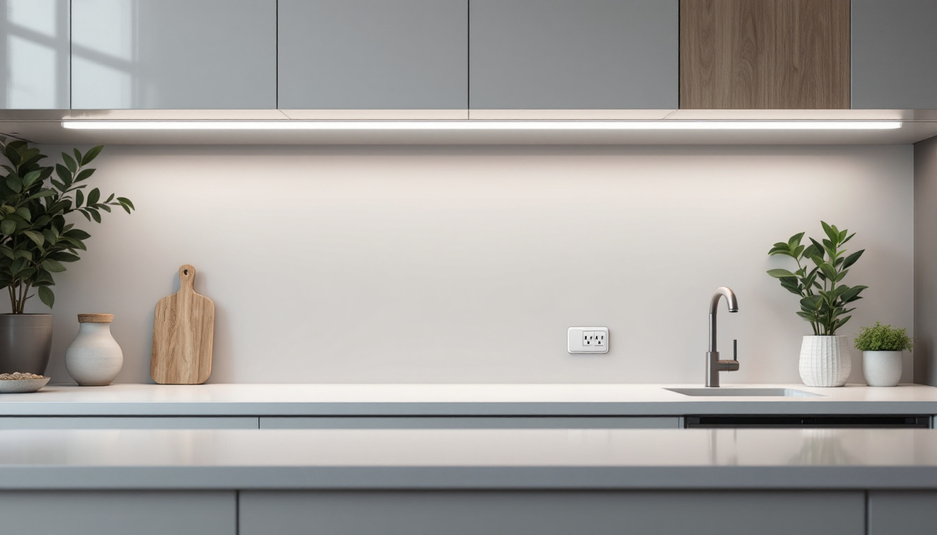 A photograph of a modern kitchen showcasing sleek under cabinet lighting with integrated outlets