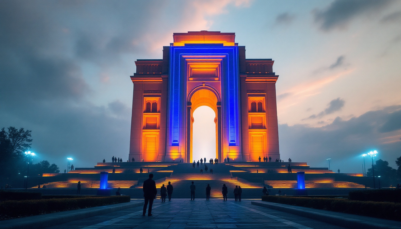 A photograph of a stunning monument illuminated by dynamic lighting effects