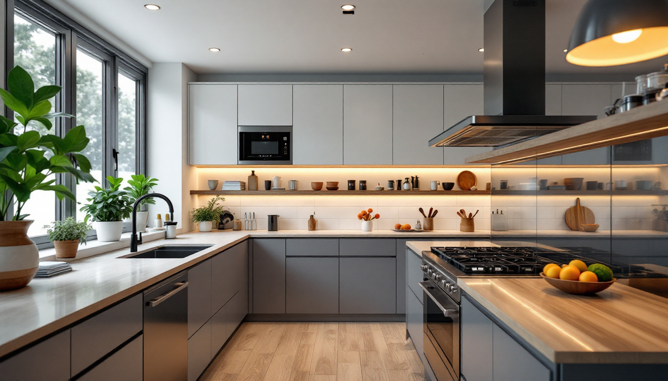 A photograph of a modern kitchen featuring stylish recessed lighting that highlights energy-efficient design elements