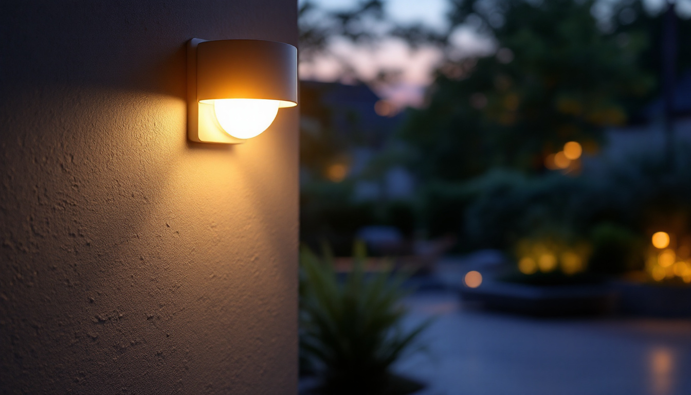 A photograph of a down-firing outdoor light illuminating a serene outdoor space at dusk