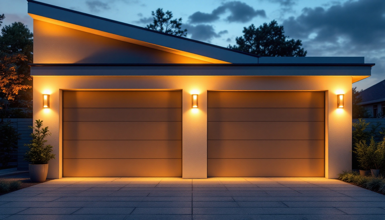 A photograph of a beautifully designed outdoor garage space featuring stylish motion sensor lights in action
