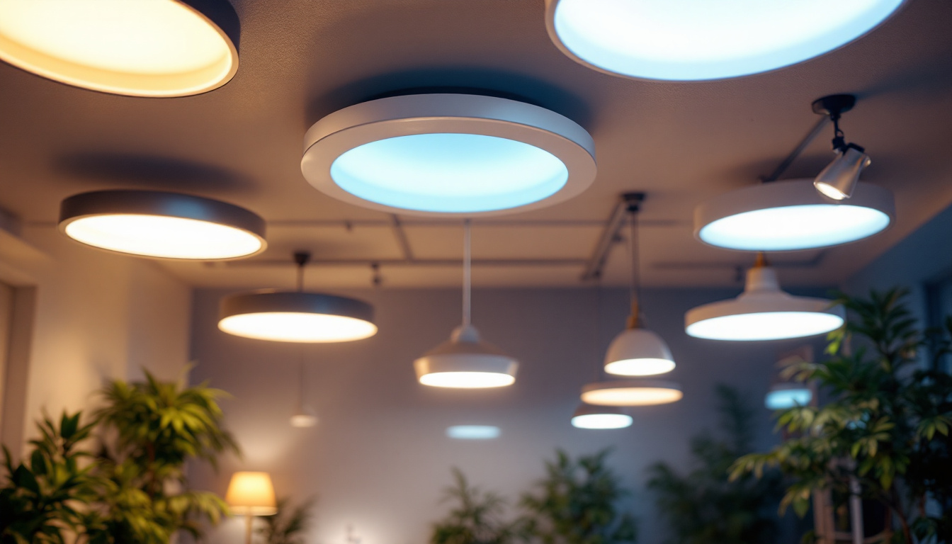 A photograph of a well-lit room showcasing various styles of ceiling led light fixtures in use