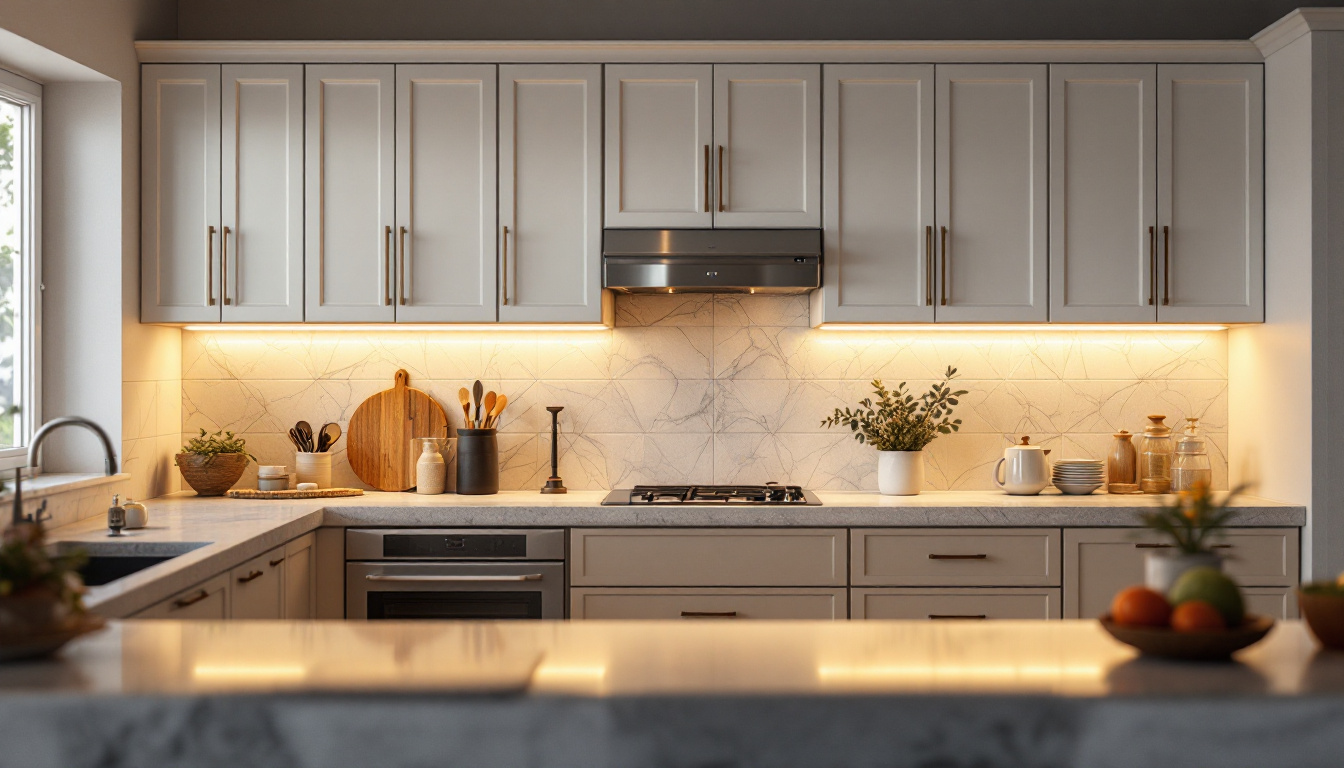 A photograph of a beautifully designed kitchen showcasing cabinet under lighting that highlights the cabinetry and creates a warm
