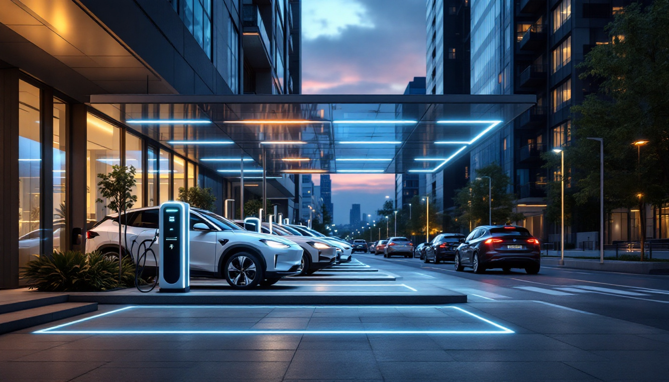 A photograph of a commercial electric vehicle charging station illuminated at dusk