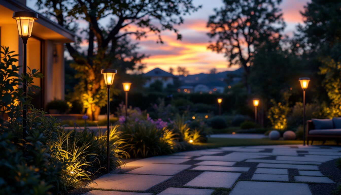 A photograph of capture a photograph of an aesthetically pleasing outdoor setting illuminated by solar sensor lights at dusk