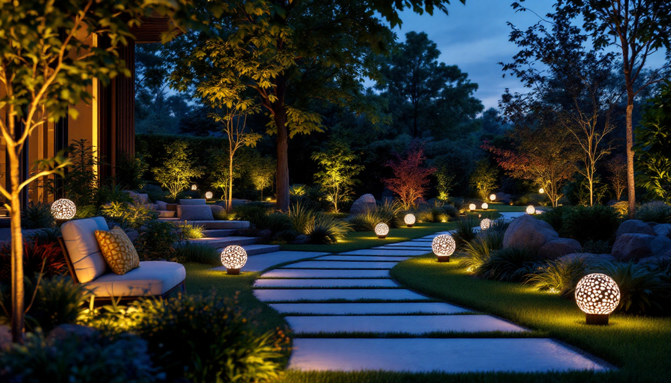 A photograph of a beautifully illuminated outdoor space featuring a variety of modern landscaping lights