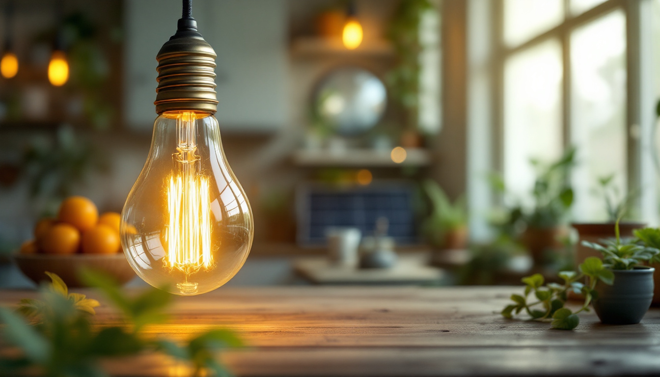 A photograph of a vintage light bulb glowing softly in a modern
