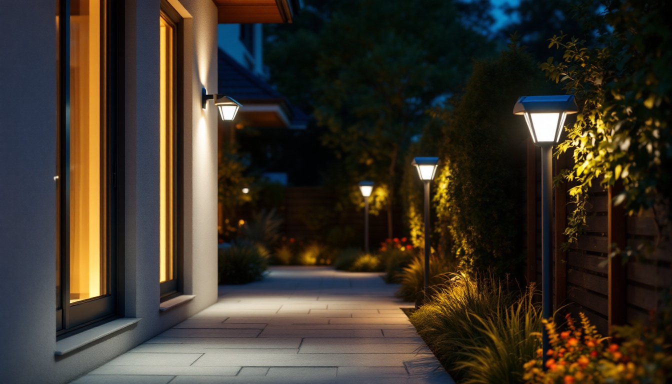 A photograph of a beautifully illuminated outdoor space featuring solar-powered security lights in action