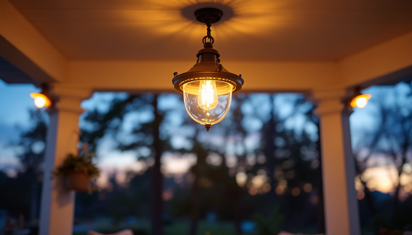 A photograph of a beautifully designed ceiling porch light fixture illuminated at dusk