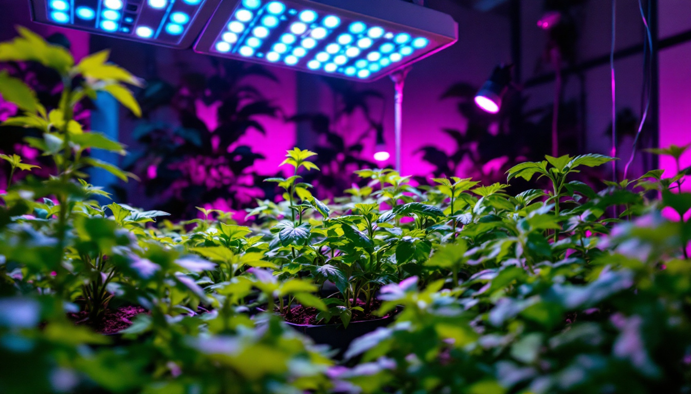 A photograph of a modern indoor farming setup featuring vibrant plants illuminated by advanced growers choice led lights