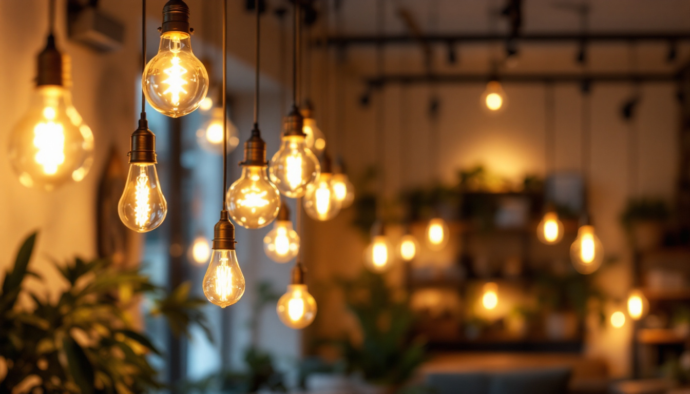 A photograph of a beautifully lit indoor space featuring hanging lights from the ceiling