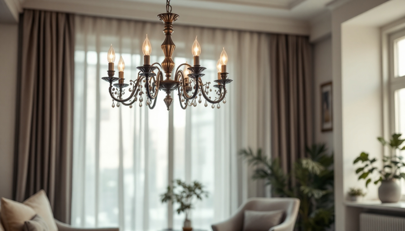 A photograph of a beautifully styled interior featuring an elegant chandelier that highlights its design and illumination