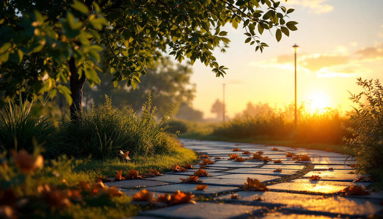 A photograph of a serene outdoor scene during the golden hour