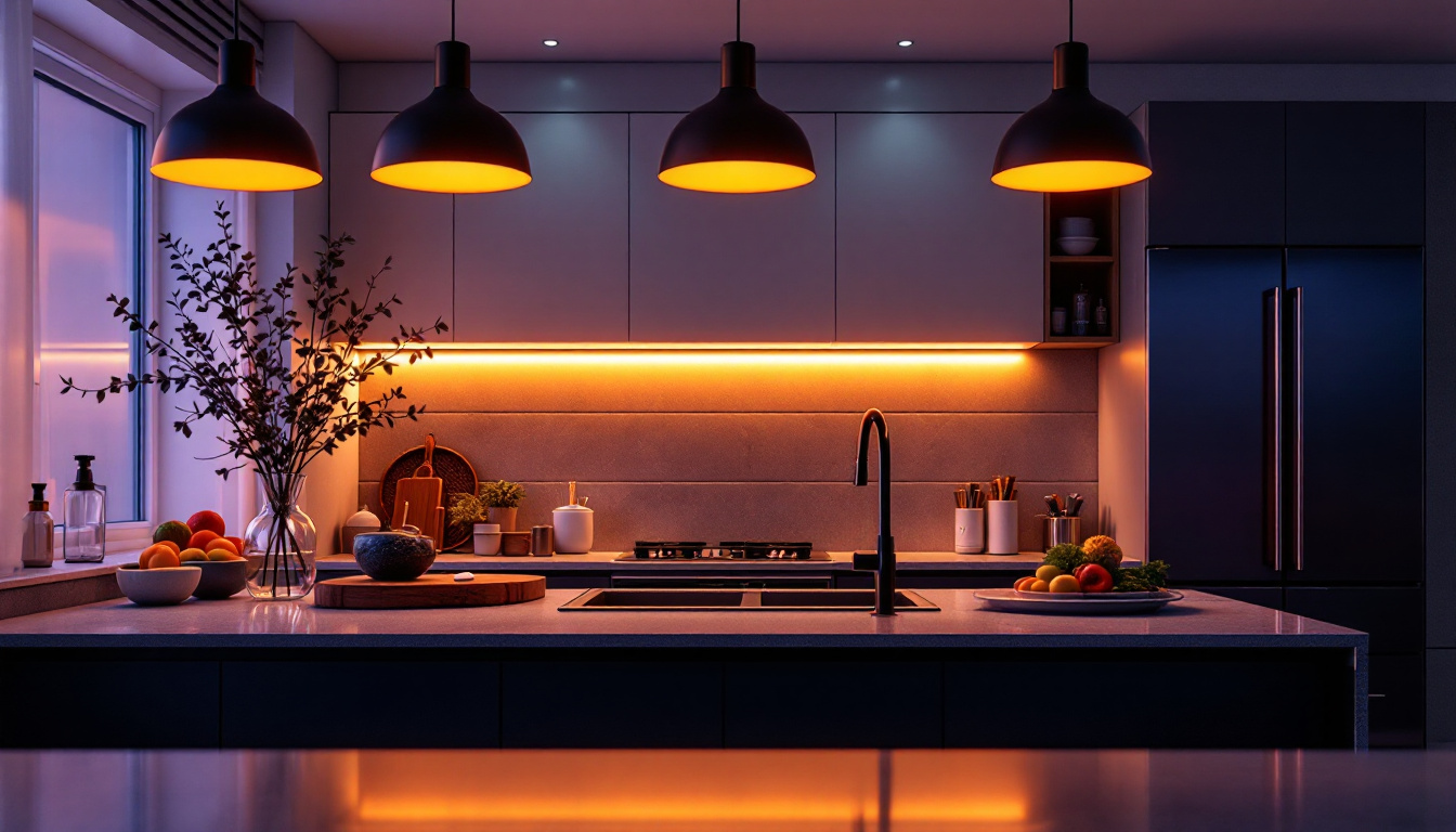A photograph of a modern kitchen illuminated by stylish led lighting fixtures