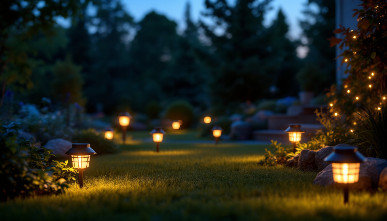 A photograph of a beautifully landscaped outdoor space illuminated by a variety of solar yard lights at dusk
